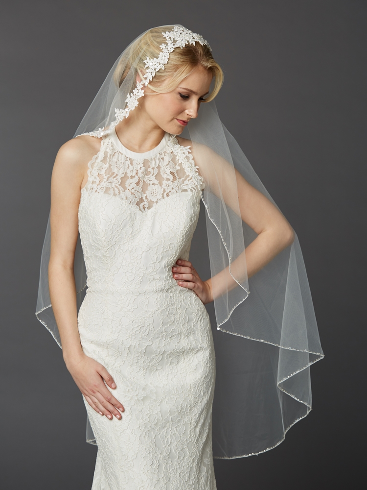 Couture Design Semi-Waltz Ballet Length Bridal Veil with Beaded Lace Top and Sparkle Trim<br>4420V-I