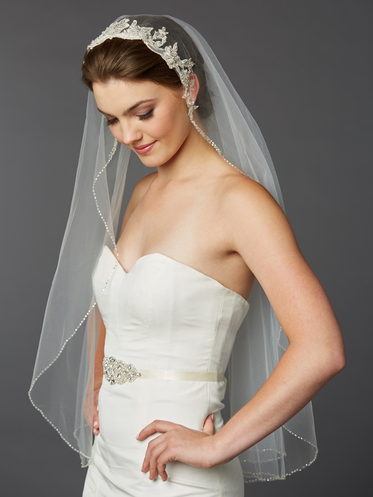 Regal 36" Fingertip Bridal Veil with Sparkling Beaded Edge and Unique Lace Applique Headpiece<br>4421V-I-S