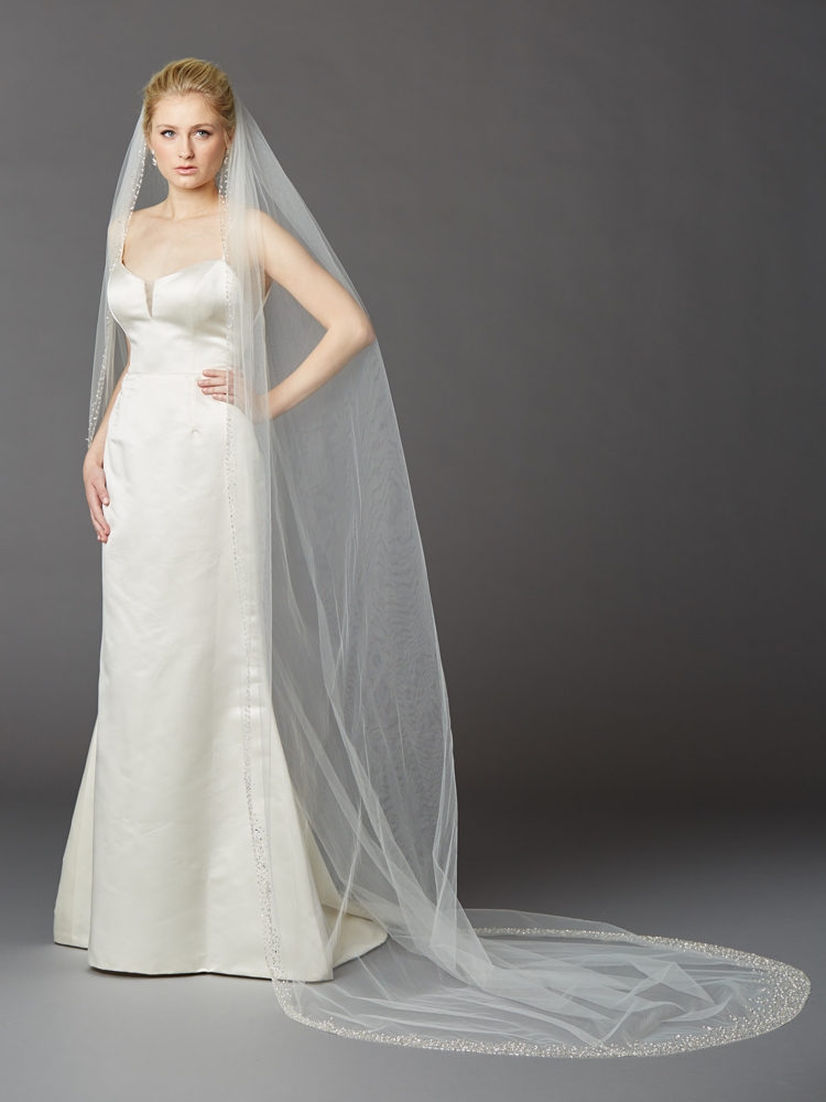 Breathtaking Ivory Cathedral Wedding Veil with Dramatic Crystal, Pearl and Beaded Edging<br>4424V-I