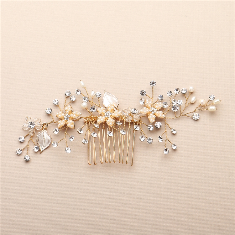 Top Selling Bridal Hair Comb with Silvery Gold Leaves, Freshwater Pearl and Crystal Sprays<br>4425HC-I-G