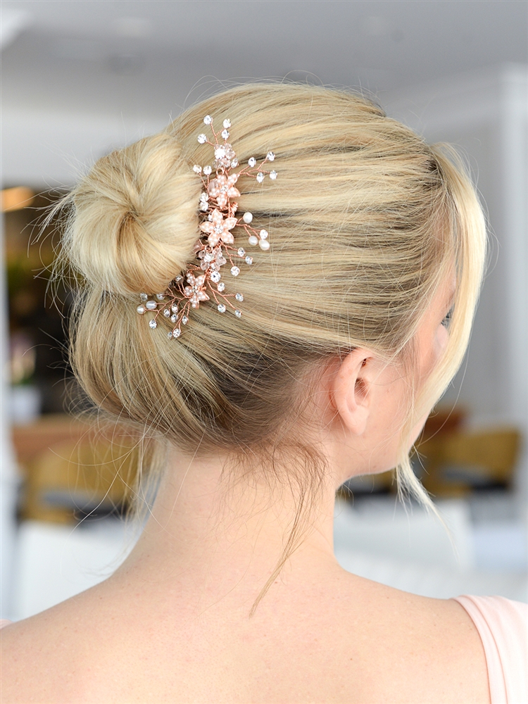Top Selling Bridal Hair Comb with Rose Gold Leaves, Freshwater Pearl and Crystal Sprays<br>4425HC-I-RG
