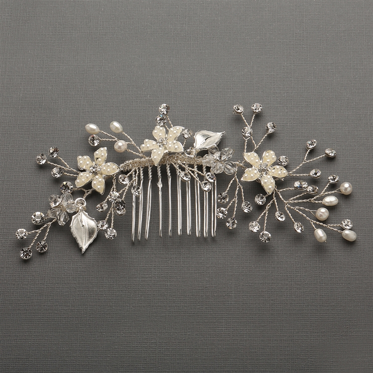Best Selling Bridal Hair Comb with Hand Painted Leaves, Freshwater Pearls and Crystals Sprays<br>4425HC-I-S