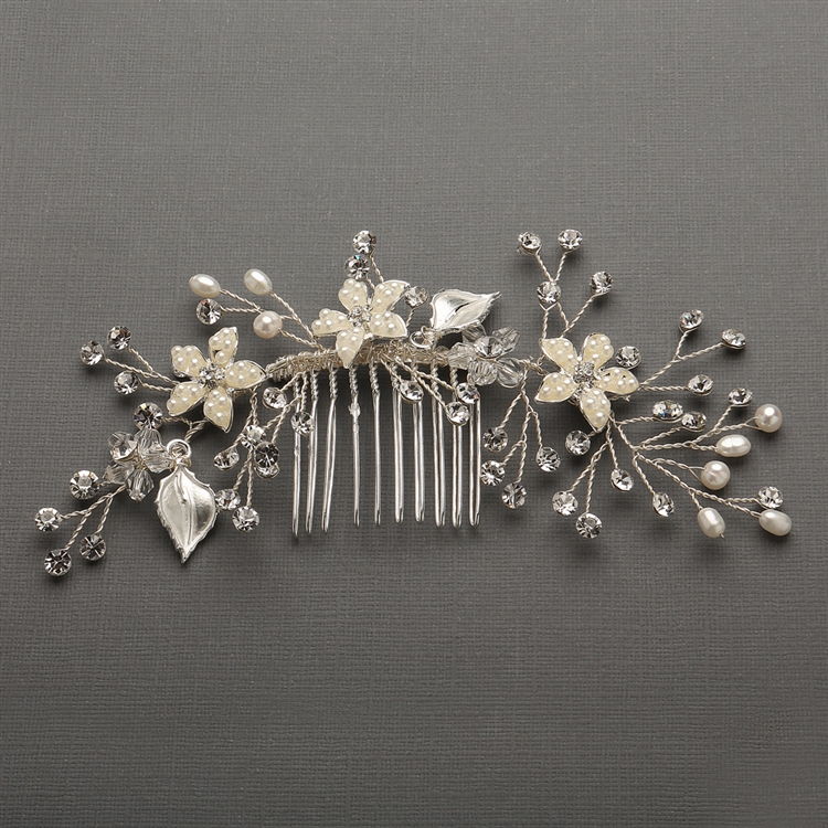Mariell Wholesale Best Selling Bridal Hair Comb with Hand Painted Leaves, Freshwater Pearls and Crystals Sprays