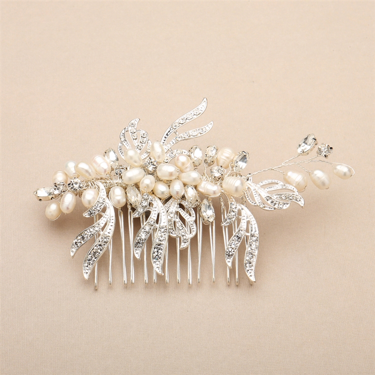Freshwater Pearl and Crystal Bridal Hair Comb with Graceful Silver Leaves<br>4427HC-I-S