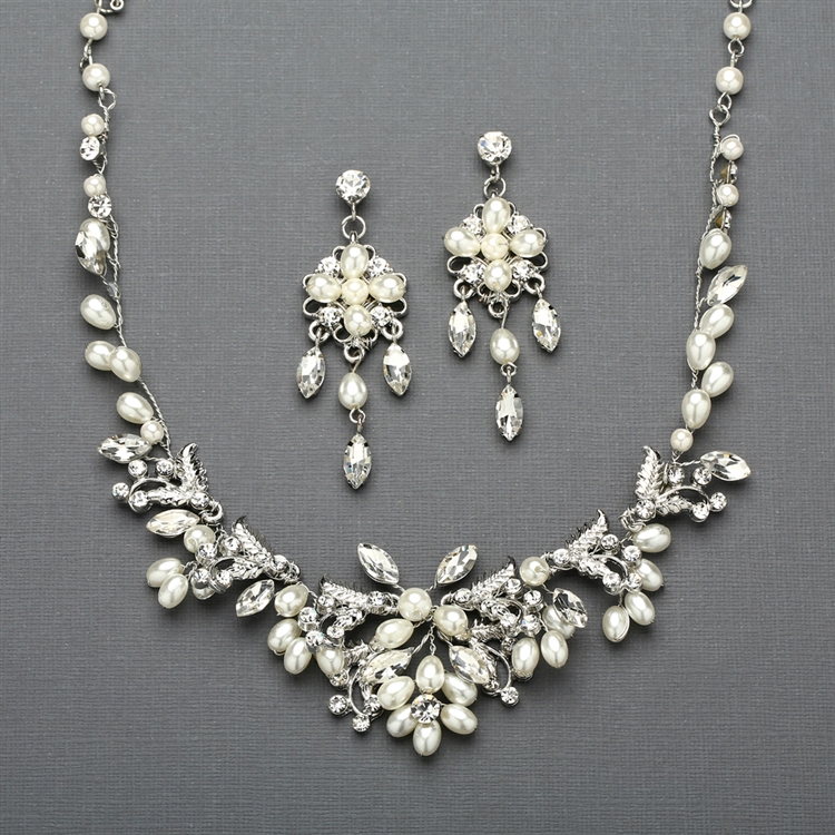 Silver Vine Bridal Necklace and Earrings Set with Freshwater Pearls<br>4429SC-S