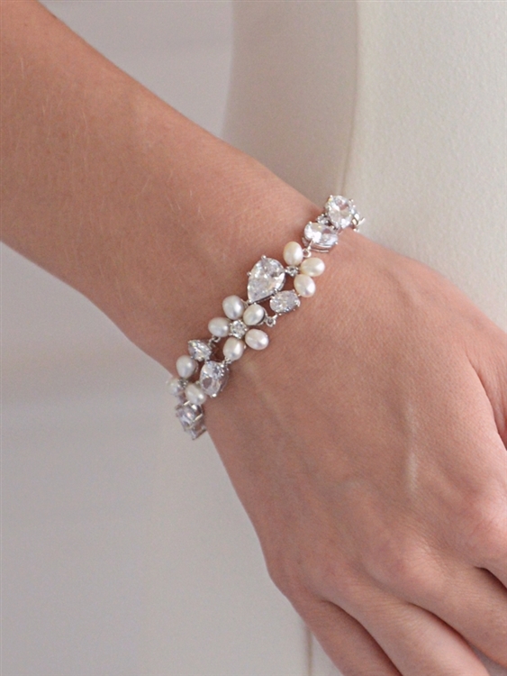 Elegant Genuine Freshwater Pearl and CZ Statement Bracelet for Brides<br>4430B-I-S