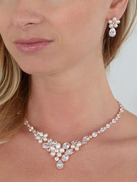 Luxurious Rose Gold Freshwater Pearl & CZ Statement Necklace & Earrings Set for Brides<br>4430S-I-RG