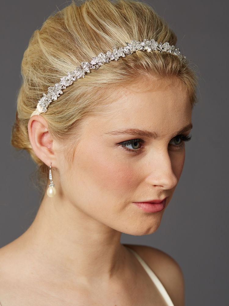 Mariell Wholesale Slender Bridal Headband with Hand-wired Crystal Clusters and Ivory Ribbons