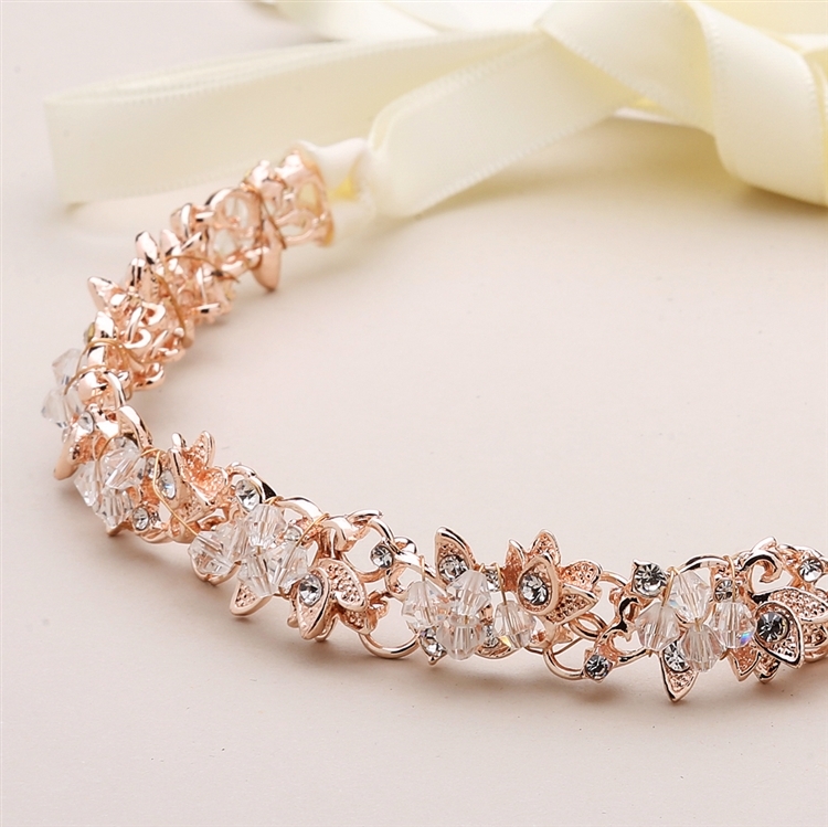 Slender Rose Gold Bridal Headband with Hand-wired Crystal Clusters and Ivory Ribbons<br>4431HB-I-RG