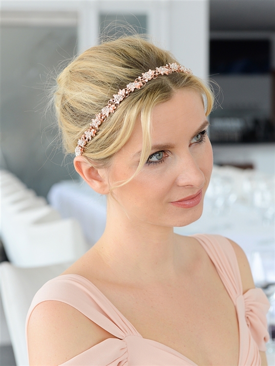 Slender Rose Gold Bridal Headband with Hand-wired Crystal Clusters and White Ribbons<br>4431HB-W-RG
