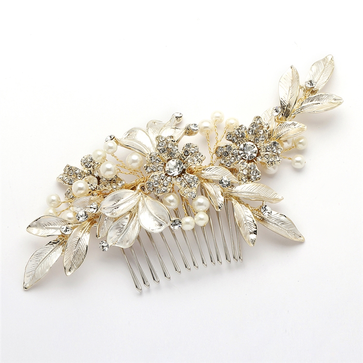 Designer Bridal Hair Comb with Hand Painted Gold Leaves and Pave Crystals<br>4437HC-I-LTG