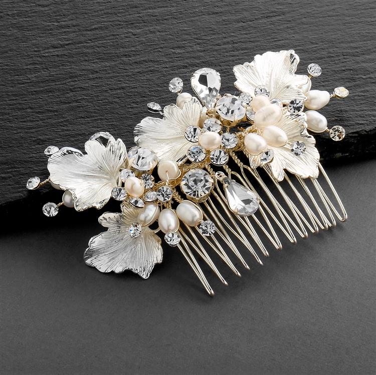 Couture Bridal Hair Comb with Hand Painted Gold Leaves, Freshwater Pearls and Crystals<br>4439HC-I-LTG