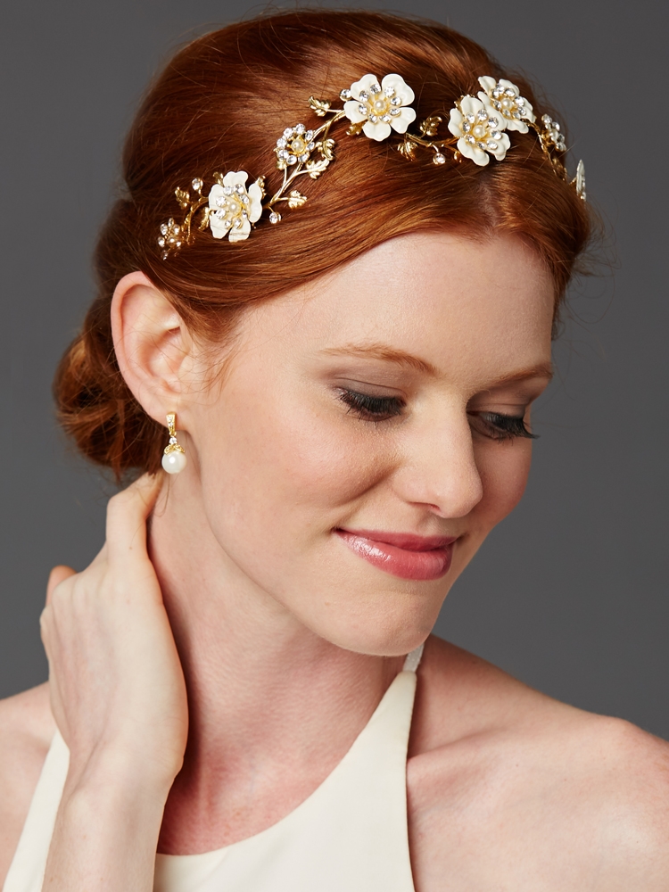 Designer Hand-Enameled Blossom Golden Headband <br>4443HB-I-G