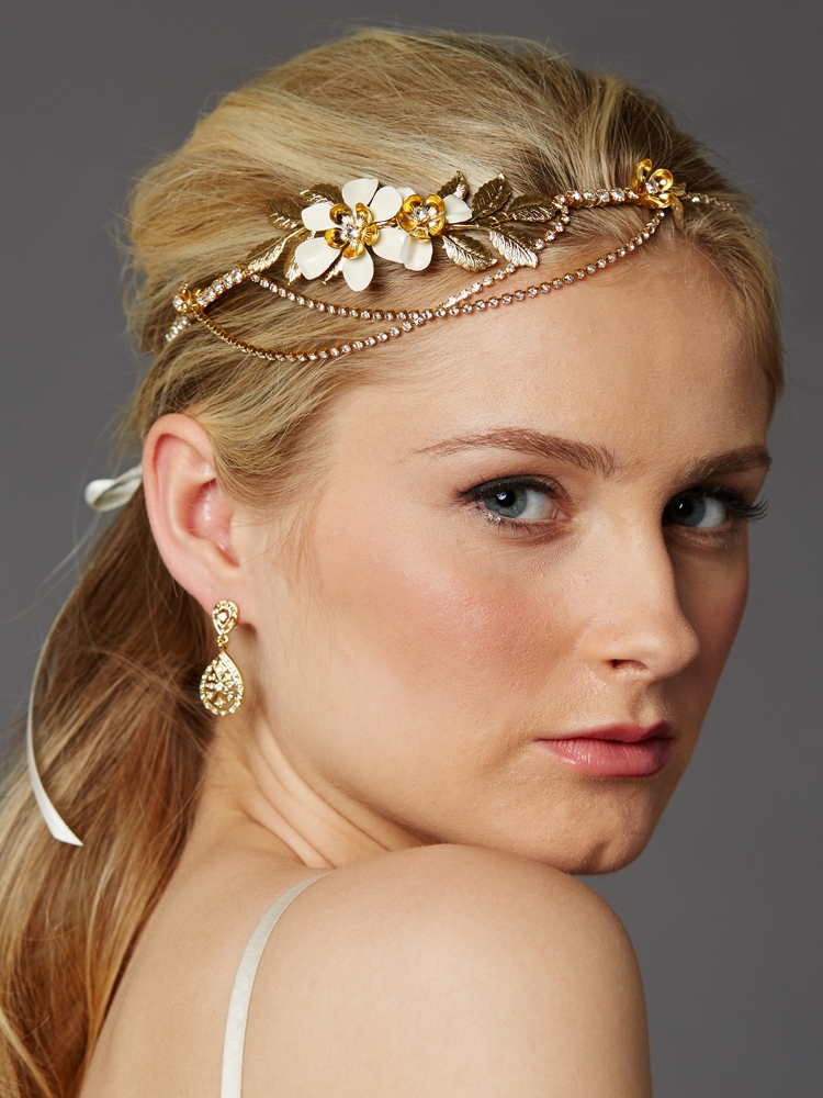 Hand-Enameled Floral Headband Crown with Preciosa Crystal Drapes<br>4446HB-I-G