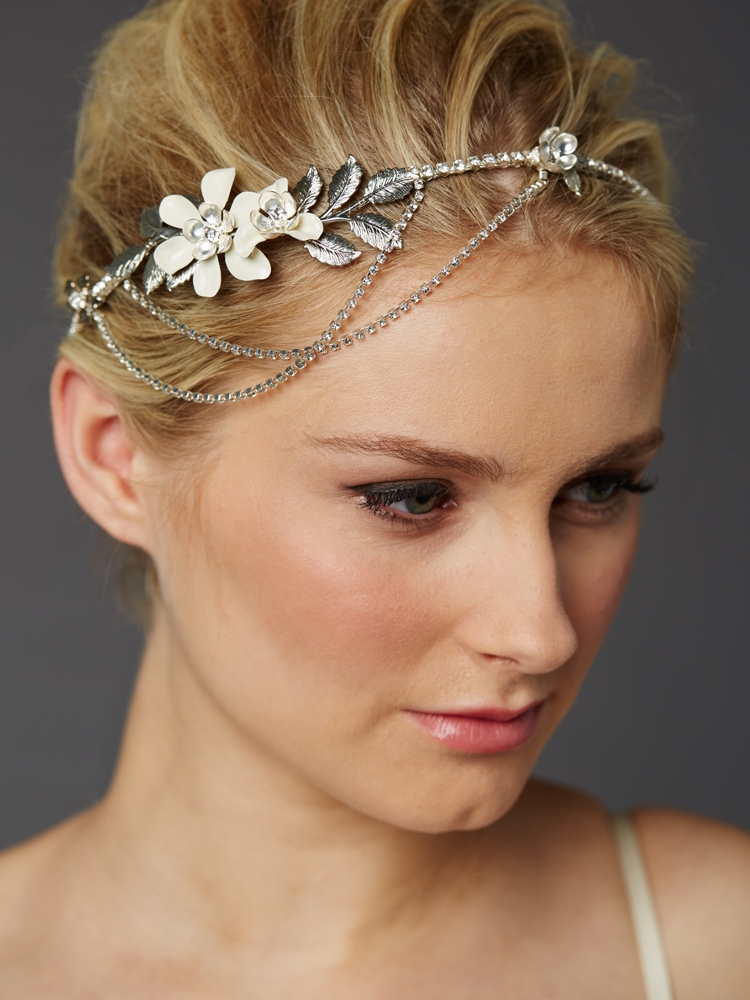 Hand-Enameled Floral Headband Crown with Preciosa Crystal Drapes<br>4446HB-I-S