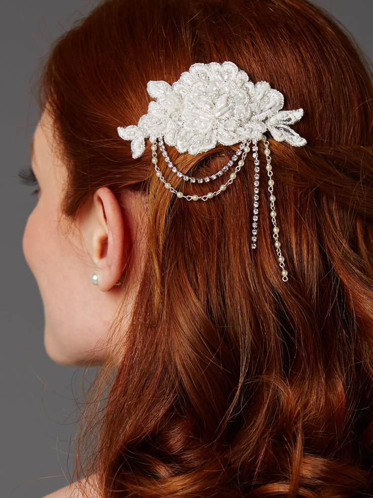 English Rose Lace Comb with Pearl and Crystal Draped Swags <br>4452HC-LTI