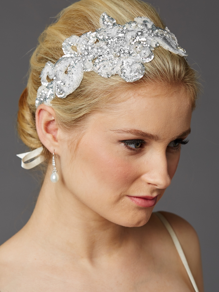 Hand-Made Glistening Silver Sequin Lace Bridal Headband<br>4453HB-S-I