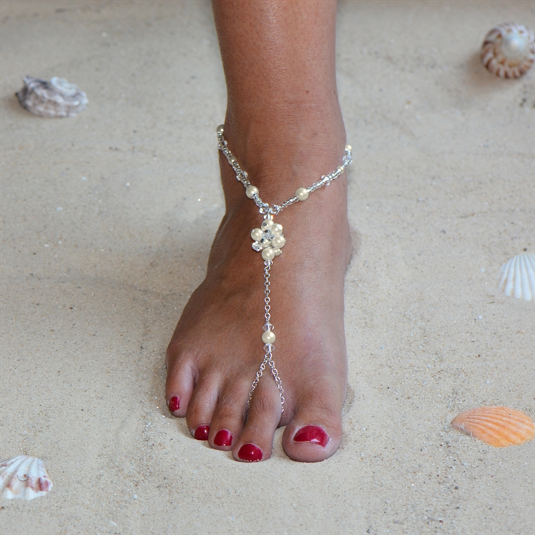 Barefoot Bridal Sandals Foot Jewelry with Crystal and Pearl Cluster <br>4462FT-LTI-CR-S