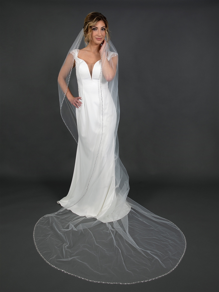 Mariell Cathedral Bridal Veil Edged with Crystals, Pearl & Bugle Beads