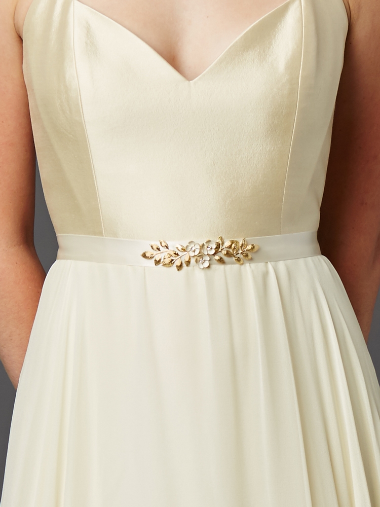 Hand Enameled Tea Rose Designer Bridal Sash Belt in Ivory Gold<br>4482BT-I-G