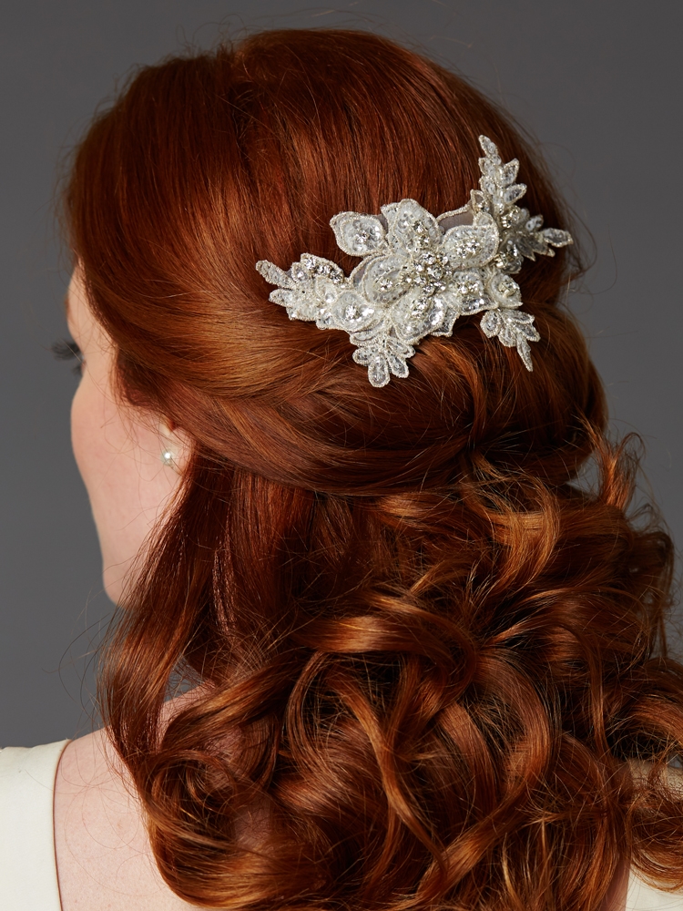 Sculptured European Ivory Lace Bridal Comb with Crystals and Sequins<br>4484HC-LTI