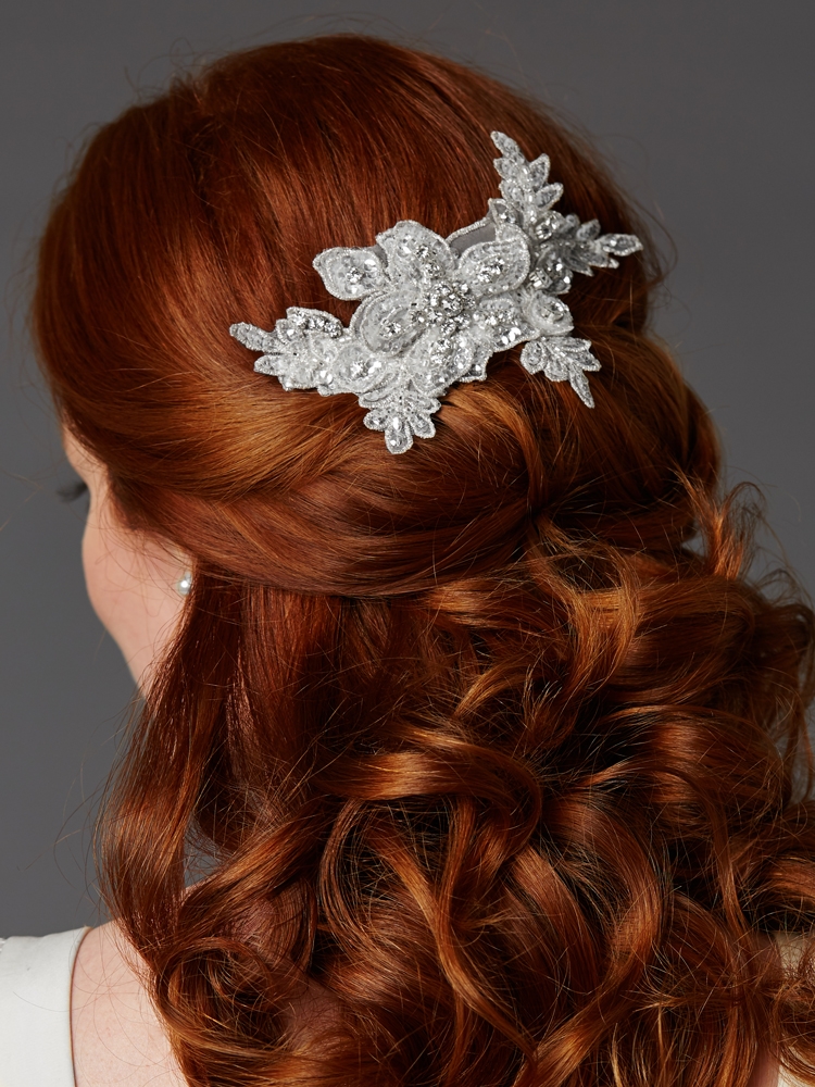 Sculptured European White Lace Bridal Comb with Crystals and Sequins<br>4484HC-W