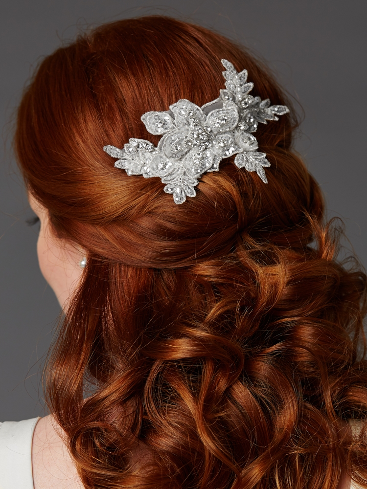 Mariell Wholesale Sculptured European White Lace Bridal Comb with Crystals and Sequins