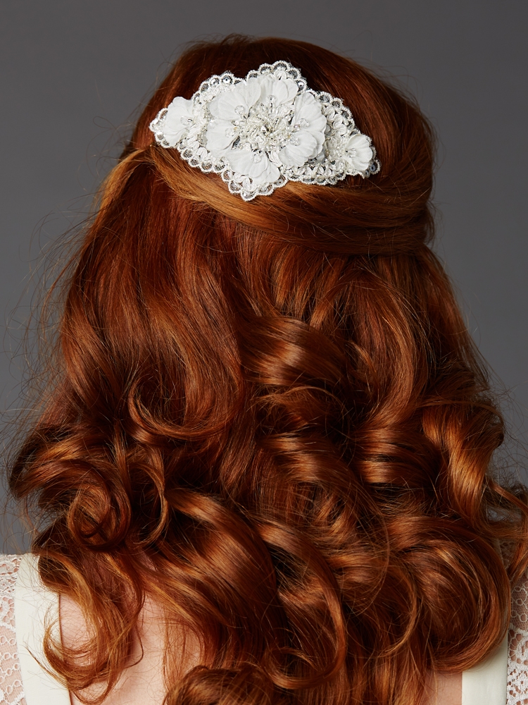 Ivory Crystal Lace Bridal Comb with Delicate Crepe Petals<br>4485HC-I