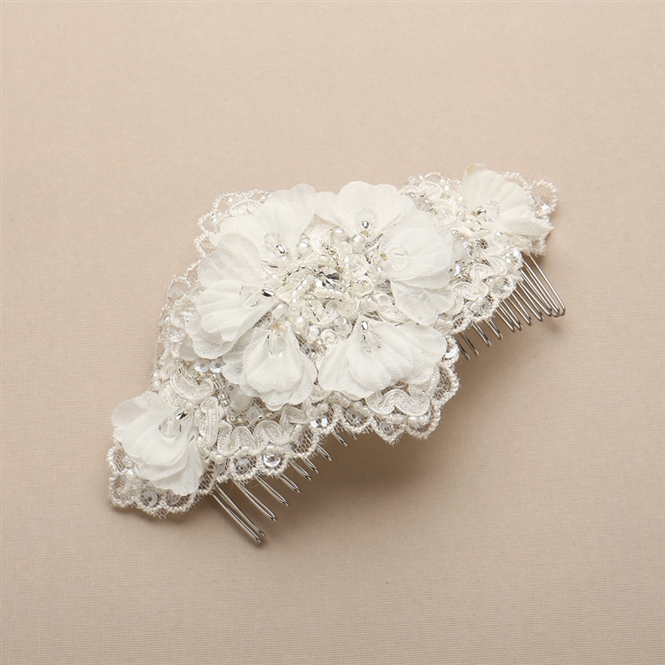 Mariell Wholesale Ivory Crystal Lace Bridal Comb with Delicate Crepe Petals