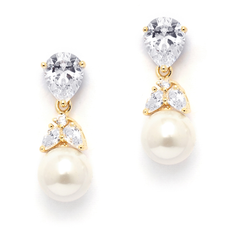 Top-Selling 14K Gold CZ Bridal Earrings with Pears and Pearl Drops <br>4490E-I-G