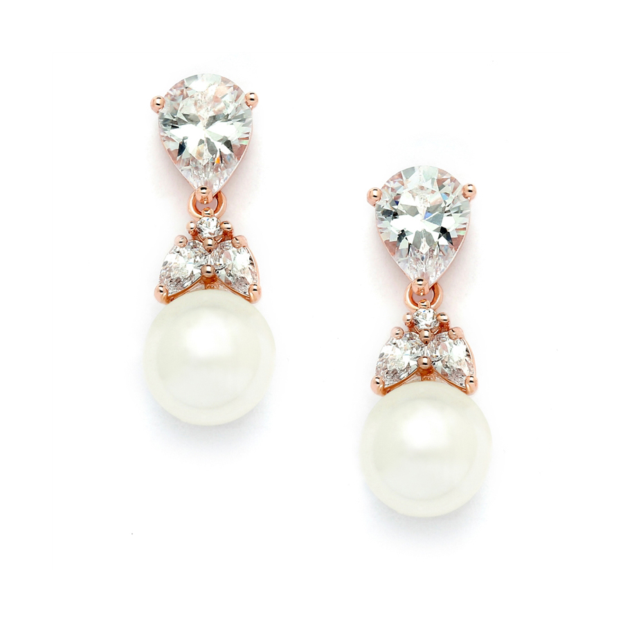Mariell Wholesale Top-Selling Rose Gold CZ Bridal Earrings with Pears and Pearl Drops