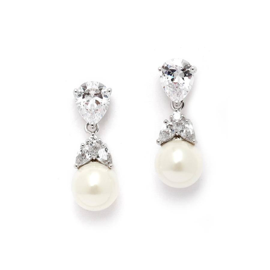 Top-Selling CZ Bridal Earrings with Mixed Pears and Pearl Drops<br>4490E-I-S