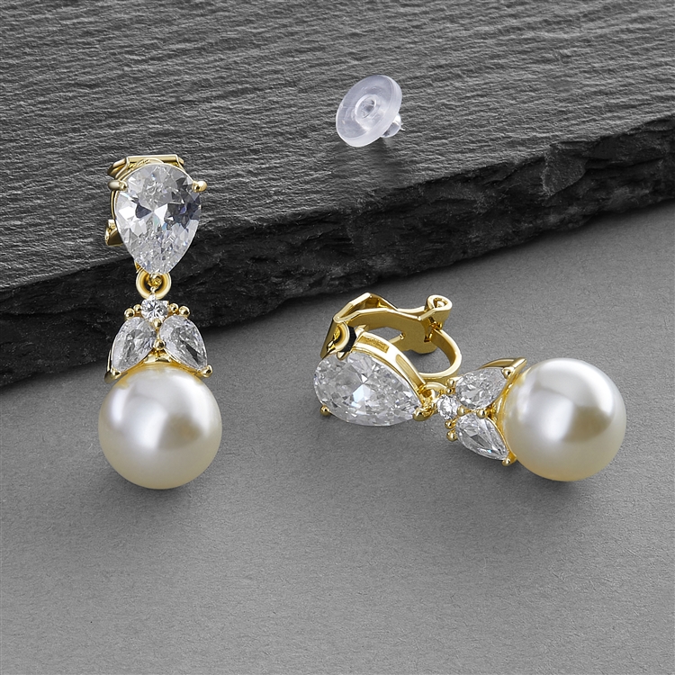 Top-Selling Gold Clip-On CZ Bridal Earrings with Pears and Pearl Drops <br>4490EC-I-G