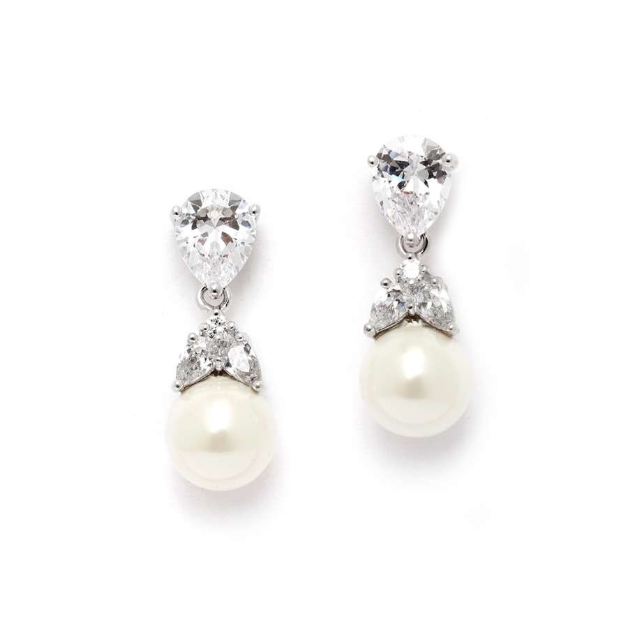 CZ Clip-On Bridal Earrings with Mixed Pears and Pearl Drops<br>4490EC-I-S