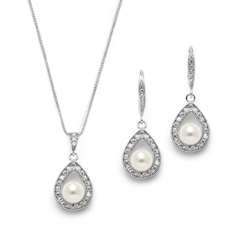 Silver Rhodium Necklace & Earrings Set with CZ Framed Pearl<br>4502S-I-S