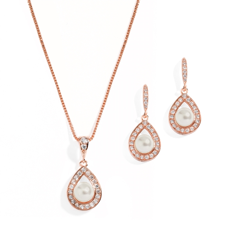 Rose Gold Necklace & Earrings Set with CZ Framed Pearl<br>4502S-IV-RG
