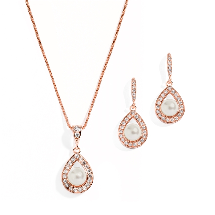 Mariell Wholesale Rose Gold Necklace & Earrings Set with CZ Framed Pearl