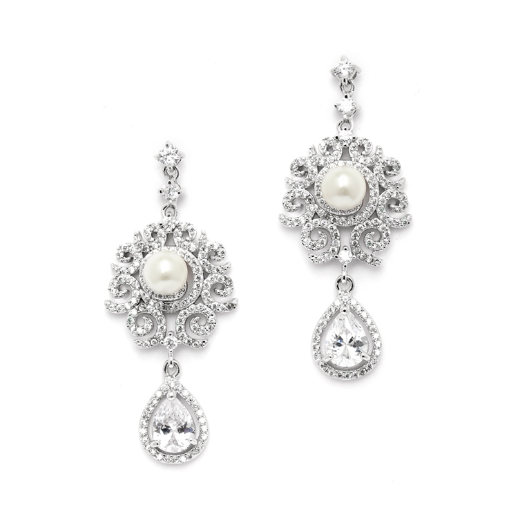 Luxurious Micro Pave CZ Wedding Earrings with Scrolls and Ivory Pearls<br>4506E-I-S