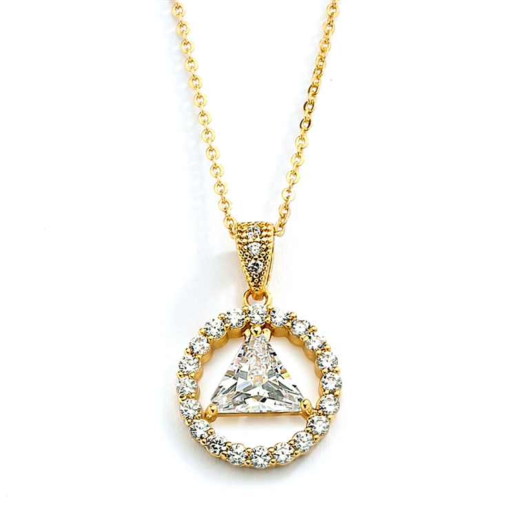 Gold Recovery Symbol Pendant Necklace with Trillion Cut CZ <br>4511N-G