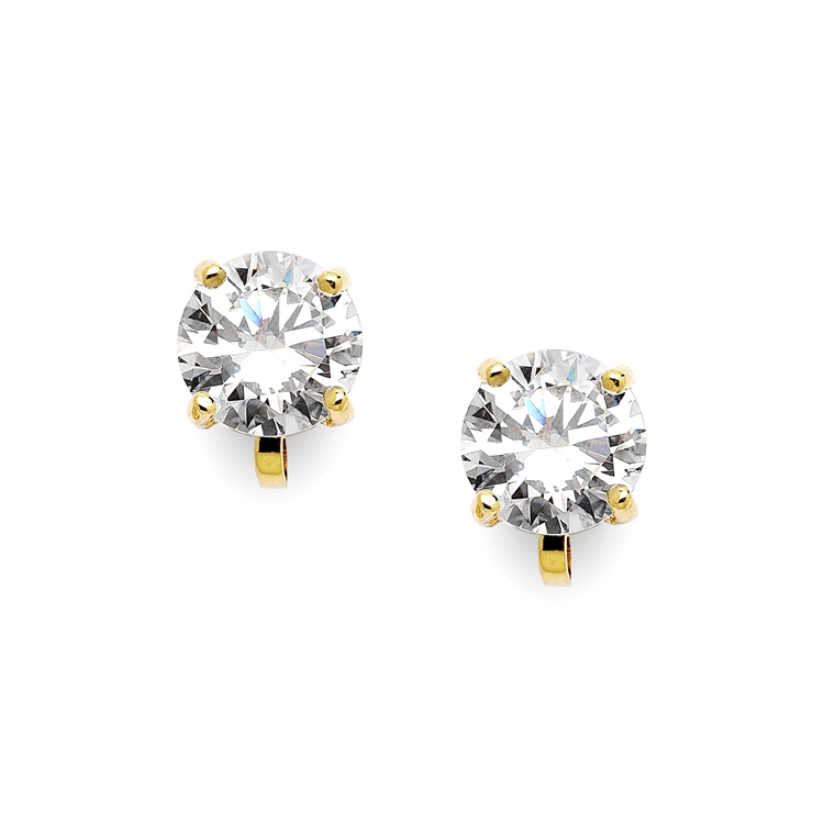 Gold Clip-On Earrings with 3 Carat 9.5mm CZ Solitaire<br>4512EC-G