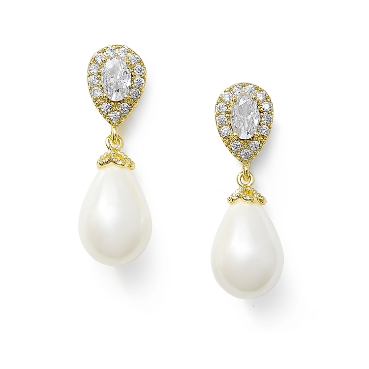 Gold Bridal Earrings with Soft Cream Pearl Drops<br>4516E-I-G
