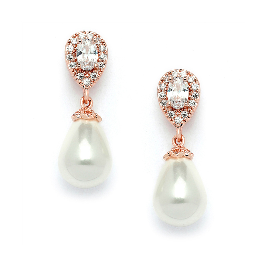 CZ Pear Bridal Earrings with Bold Soft Cream Pearl Drops<br>4516E-I-RG