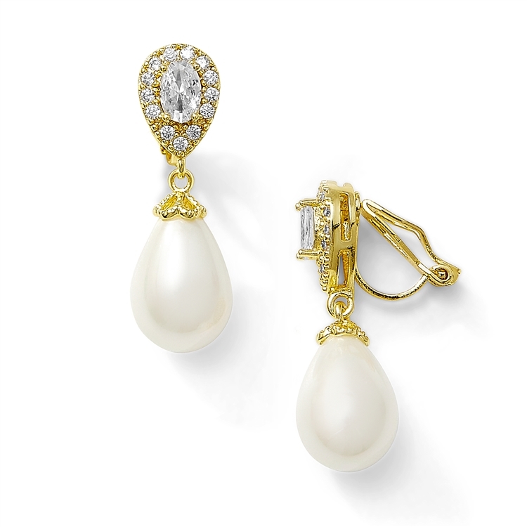Gold Clip-On Bridal Earrings with Soft Cream Pearl Drops<br>4516EC-I-G