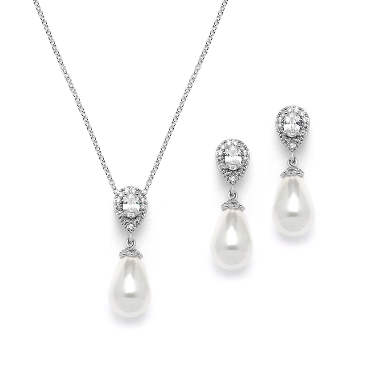 Cubic Zirconia and Ivory Teardrop Pearl Wedding Jewelry Set<br>4516S-IV-S