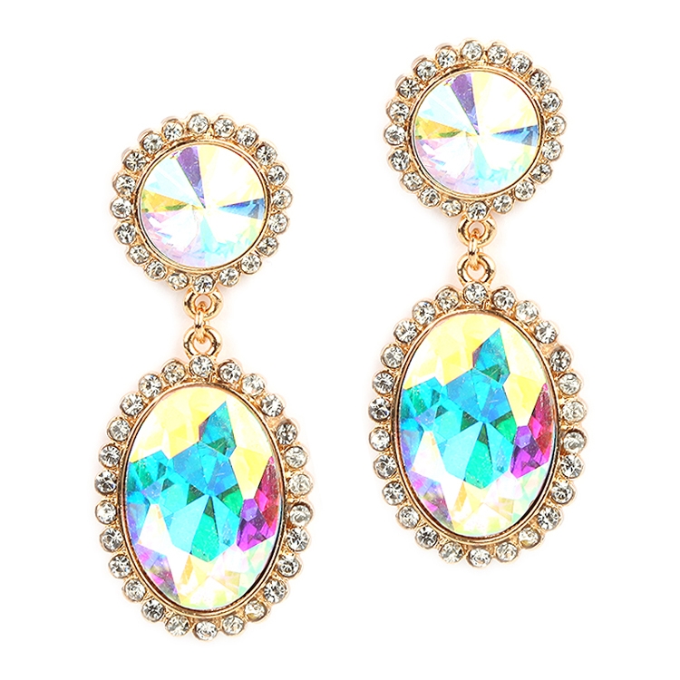 Bold Iridescent Oval Drop Earrings with Rivoli Studs<br>4521E-AB-G