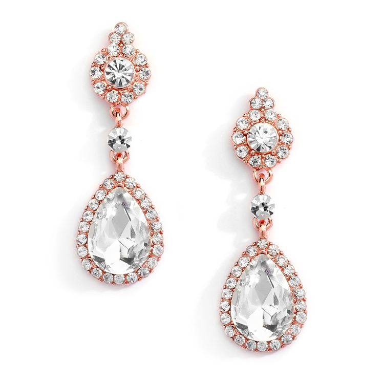 Mariell Wholesale Wholesale Rose Gold and Crystal Earrings with Teardrop Dangles