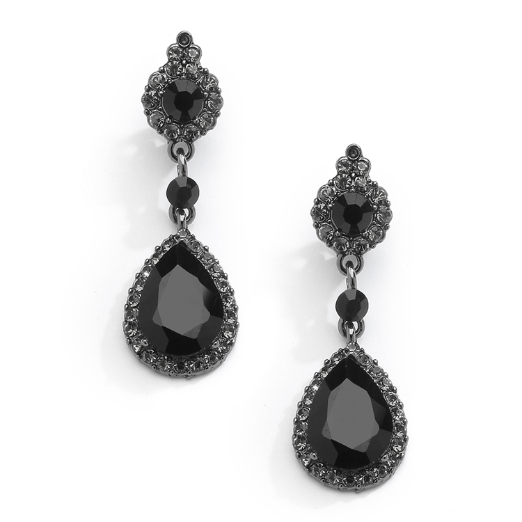 Jet Black Crystal Clip-On Earrings with Teardrop Dangles in Hematite Plating<br>4532EC-BK