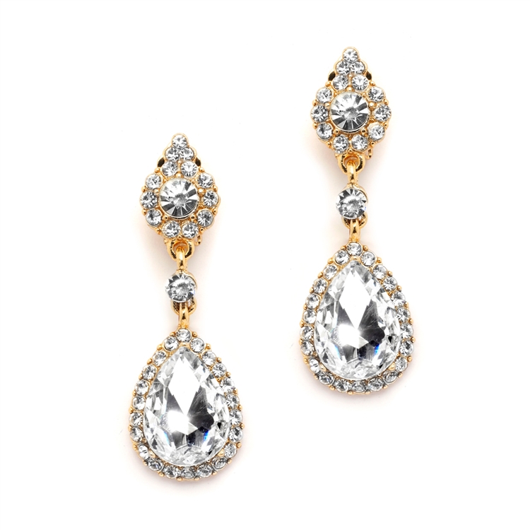 Wholesale Gold and Crystal Clip-on Earrings with Teardrop Dangles<br>4532EC-G