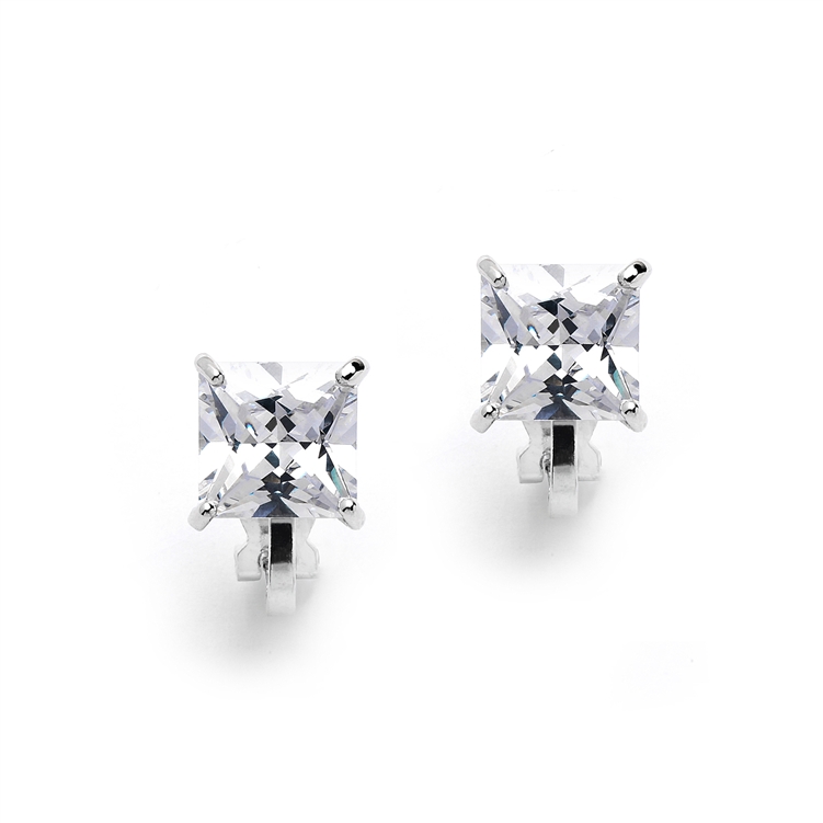 Clip-On Earrings with 2 Carat 8mm Princess Cut CZ Solitaire<br>4549EC-S