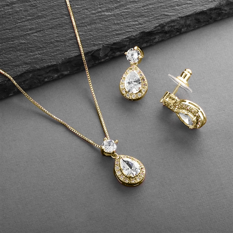 Mariell Wholesale Brilliant CZ Halo Pear Shaped Gold Necklace and Earrings Set